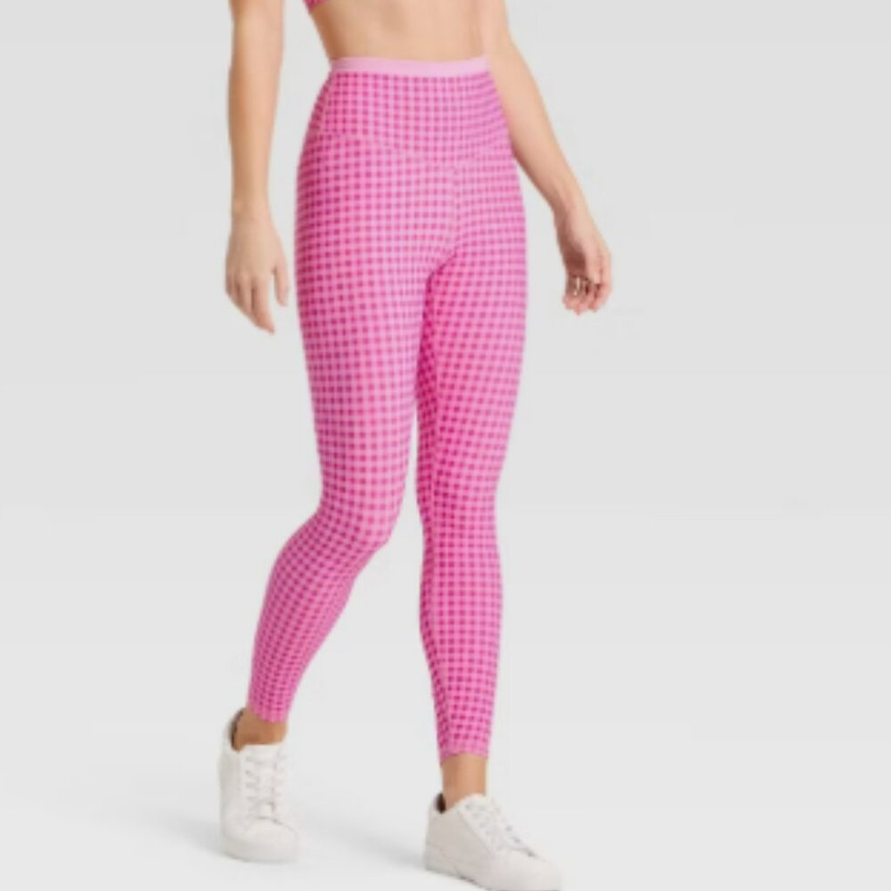 Women's High-Rise Piped 7/8 Leggings - JoyLab   Pink Gingham  Large - Picture 2 of 4